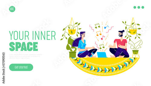 Home yoga practicing landing page for online training website with couple meditating together