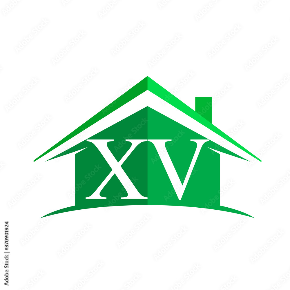 initial logo XV with house icon and green color, business logo and ...
