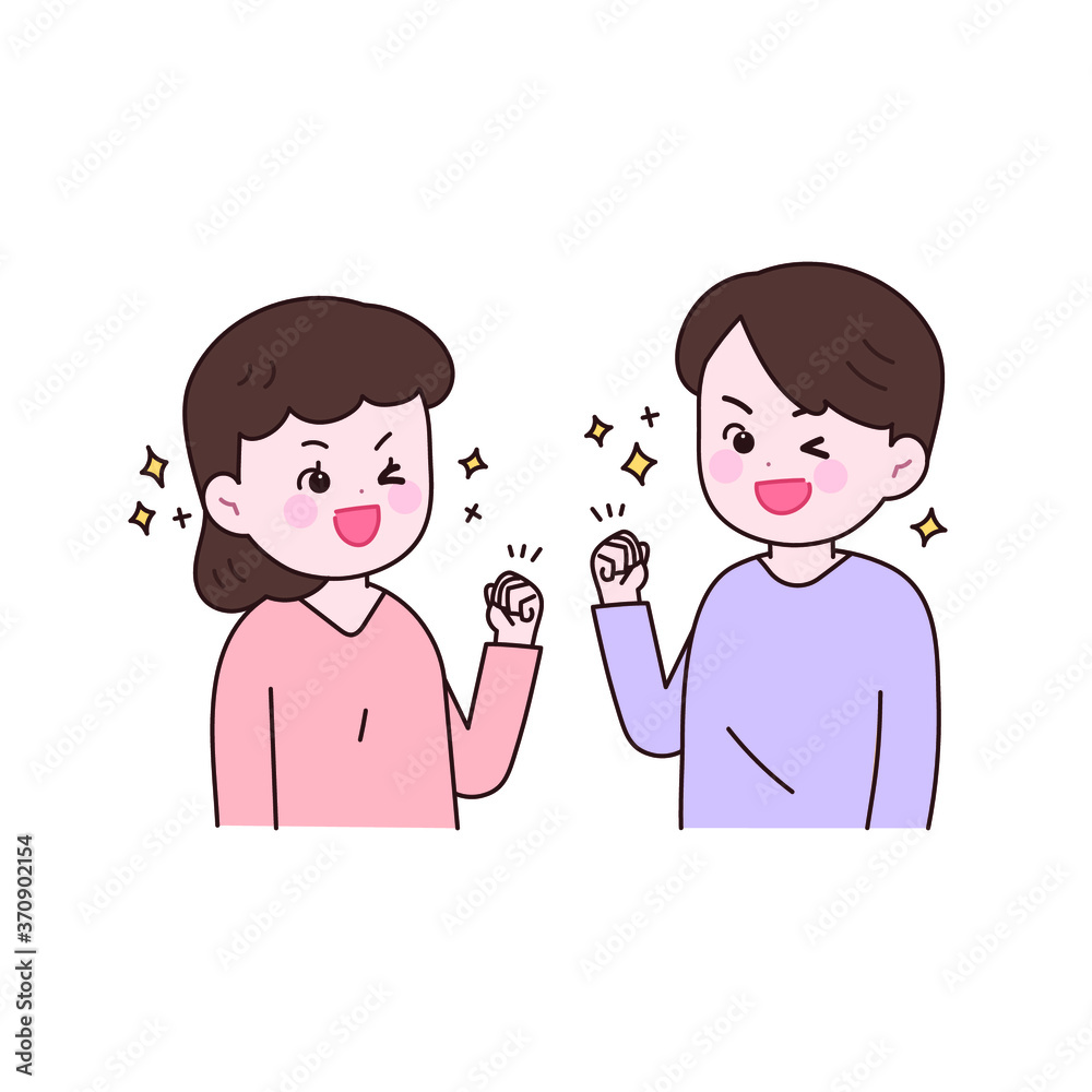 화이팅 포즈를 하고 있는 남녀