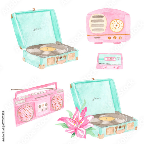 Watercolor audio cassette recorder and turntable with records. They are perfect for printing, textile, web design, souvenirs and many other creative projects.