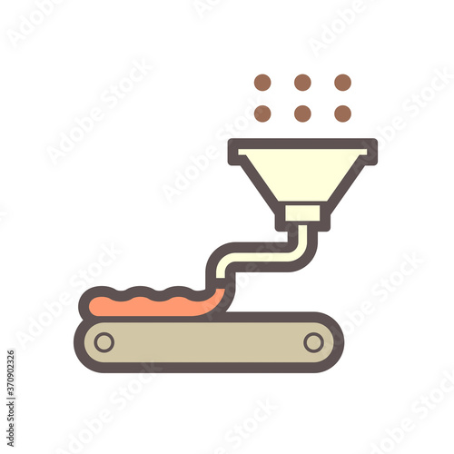 Raw material falling down into bakery baking machine in food processing vector icon design on white background.