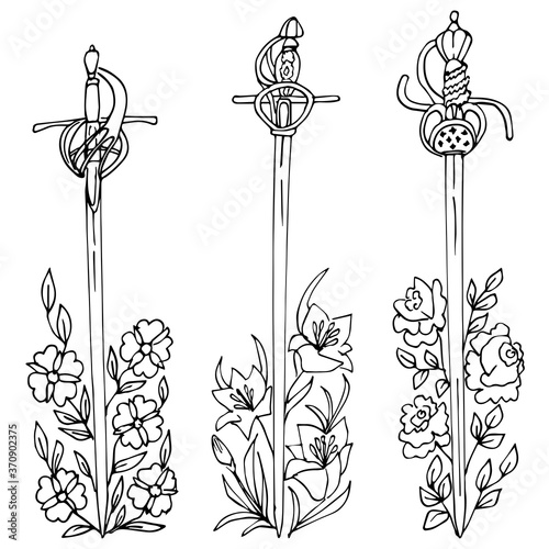 Сollection of antique swords with a figured handle wrapped in flowers.Outline drawing of swords and flowers is isolated on a white background.Vector illustration in a hand-drawn style.For tattoo, logo