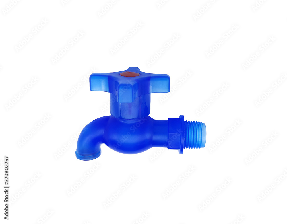 Closeup a blue transparent faucet isolated on white background. Single new plastic faucet without shadow Closeup a blue transparent faucet isolated on white background. Single new plastic faucet without shadow