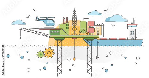 Ocean drilling platform with oil rig, tanker and fuel pump outline concept