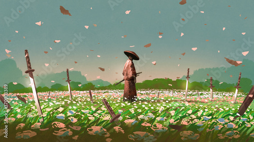 samurai standing among the swords impaled on the ground in the flower fields, digital art style, illustration painting