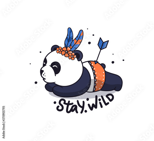 The baby girl panda in boho style. Funny animal cartoon lies with flowers and feathers.