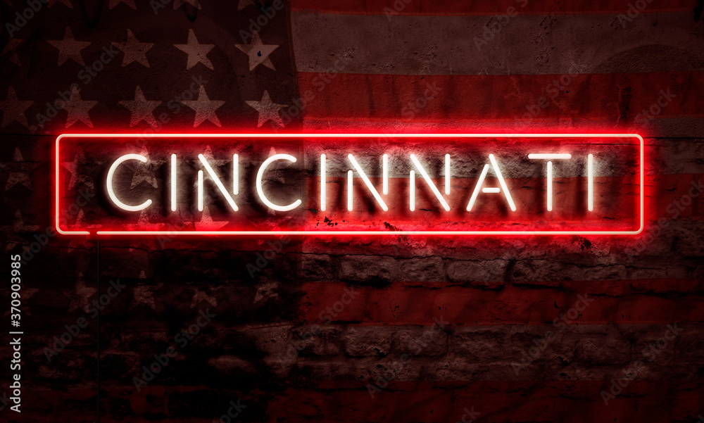 Fototapeta premium Cincinnati Neon Sign On Brick American Flag