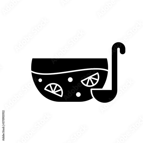 Silhouette of Fruit punch in large glass bowl with soup ladle. Outline icon of alcoholic cocktail with juice. Black simple illustration of drink in big dish. Flat isolated vector on white background