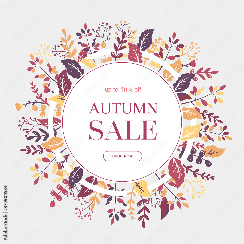 Obraz premium Autumn sale vector round banner with colorful leaves, branches and flowers on grey background. Design for advertising, promotion, flyer, invitation,card, poster, website