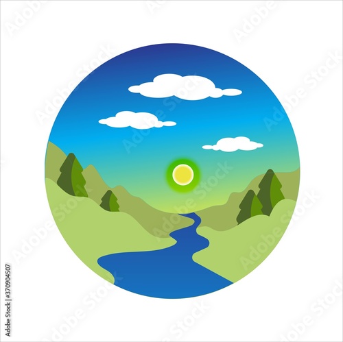 Round icon with landscape. Mountain river and forest. A beautiful icon in a modern style. Vector illustration.