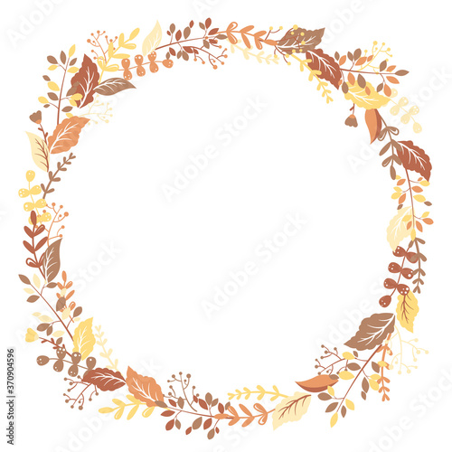 Vector illustration with round frame from hand drawn autumn colorful leaves, herbs and branches isolated on white background. Floral design template for invitation, card, brochure, cover