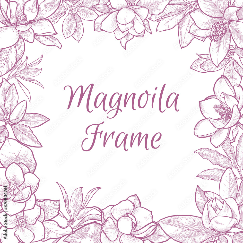 Floral pink romantic magnolia frame. Template for wedding, for birthday invitation.