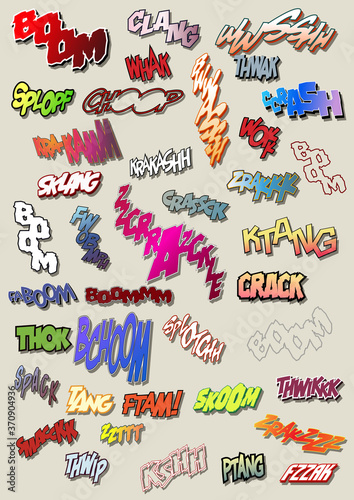 Comic Book Illustrations Style Onomatopoeia Words, Sound Effects for Comics