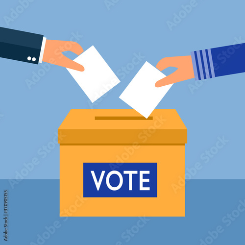 People hands putting a completed paper ballot into a polling box. Election Day in the country. Voting flat vector illustration.