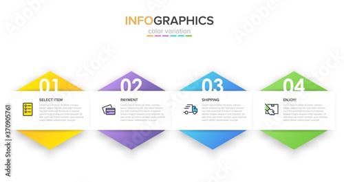 Concept of shopping process with 4 successive steps. Four colorful graphic elements. Timeline design for brochure, presentation, web site. Infographic design layout.