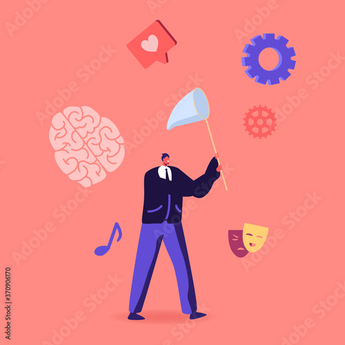 Businessman Catch Inspiration with Butterfly Net Chasing Inspirational Creative Idea Flying in Air, Financial Success