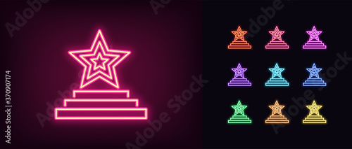 Neon star podium icon. Glowing neon star sign on pedestal, award ceremony