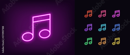 Neon music note icon. Glowing neon note sign, melody