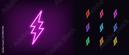 Neon lightning icon. Glowing neon electric flash sign, electrical discharge photo