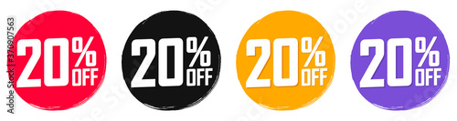 Set Sale 20% off banners, discount tags design template, extra promo, brush grunge, app icons, vector illustration