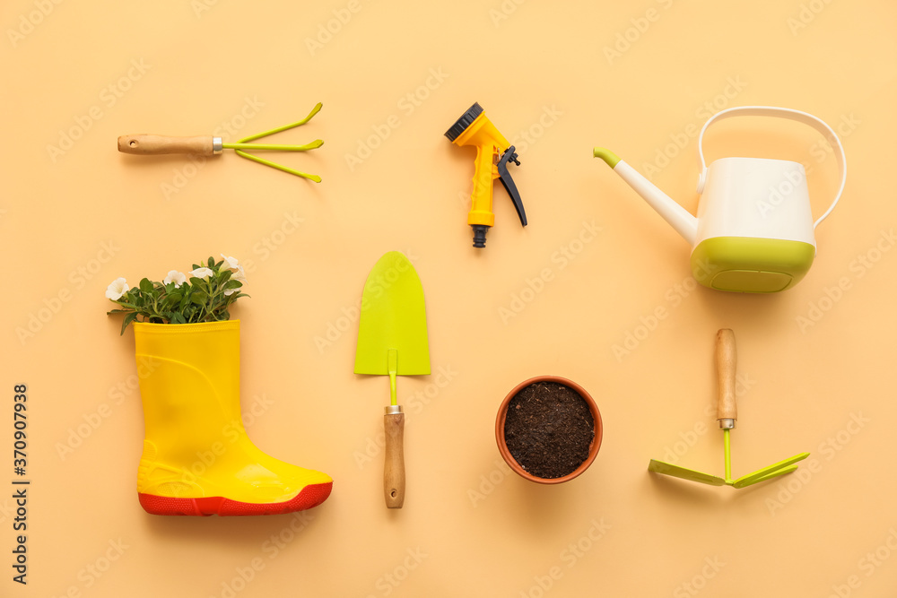 Gardening tools on color background Gardening tools on color background