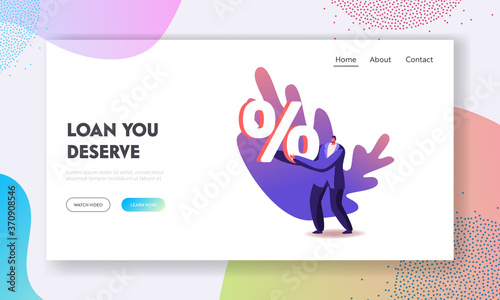 Loan Contract, Debt or Bank Offer, Sale Discount Landing Page Template. Male Character Walking with Huge Percent Symbol