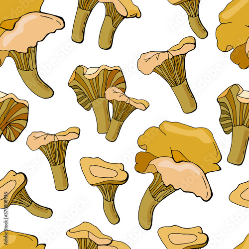 Seamless pattern with chanterelle mushrooms on white isolated background. Autumn motives. Endless texture for your design.
