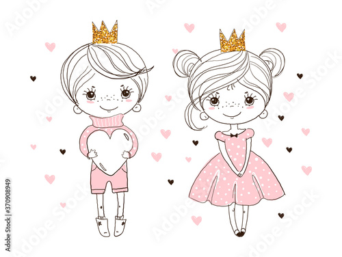 Lovely prince and princess. The boy gives the girl a big heart. Love card, banner for Valentine s day. Doodle vector illustration, coloring book for children. Isolated white background