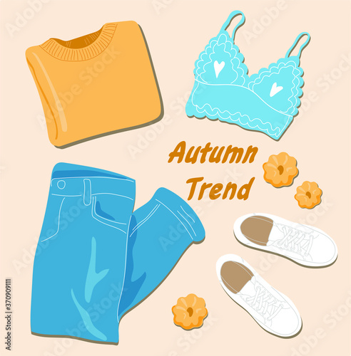 Trendy Autumn outfit flatlay. Hand-drawn vector illustration. All elements are isolated. 
Jacket, jeans, longsleeve, bra, sneakers. 
Stylish and sexy outfit for young women