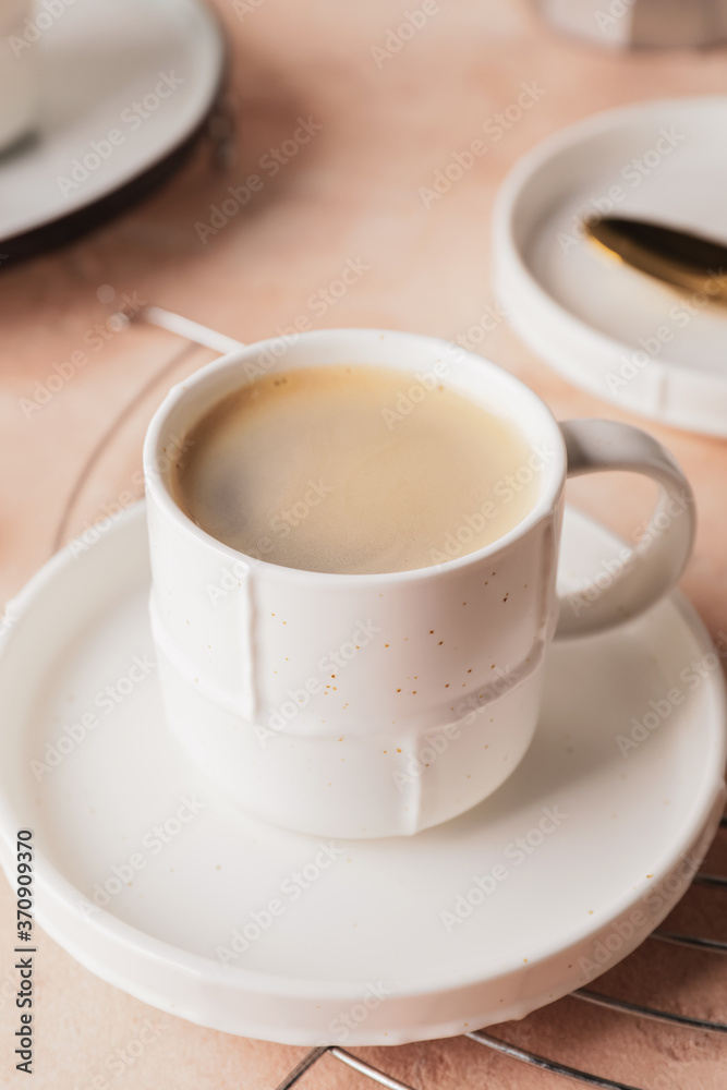 Cup of hot coffee on color background Cup of hot coffee on color background