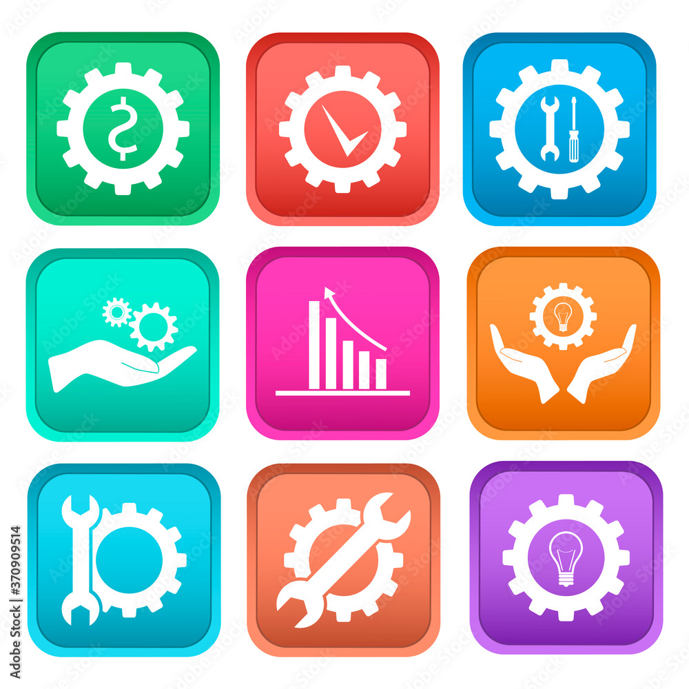 Set of vector icons with buttons. Keys, gears, diagram, hand.