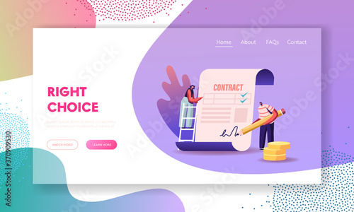 People Checking and Signing Loan Contract. Landing Page Template. Tiny Characters Standing at Huge Paper Document