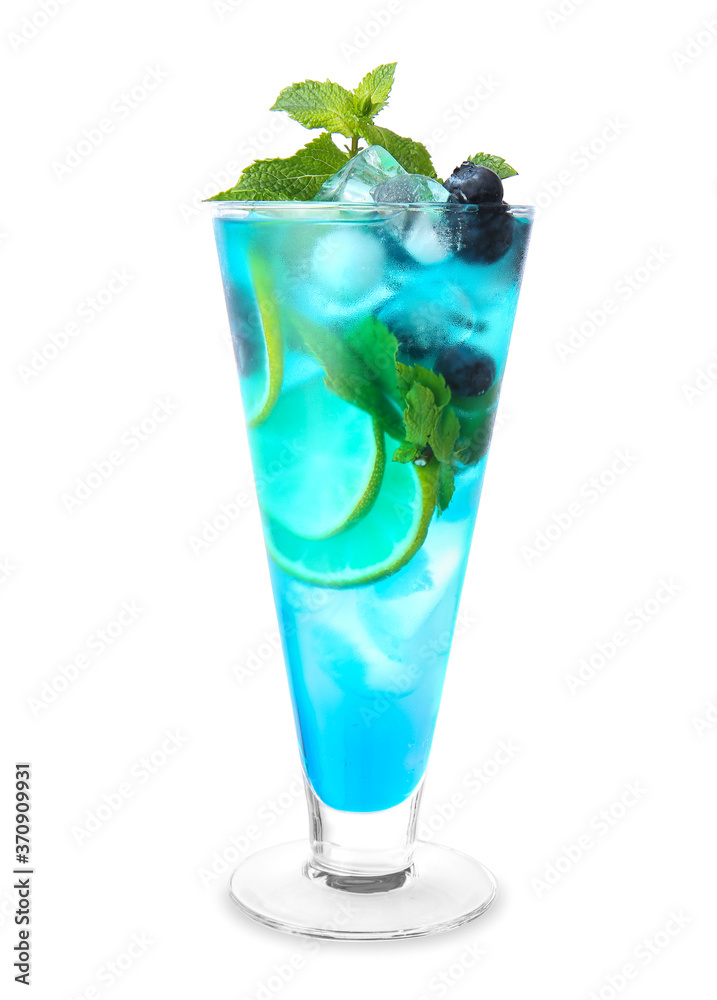 Glass of tasty blue mojito cocktail on white background Glass of tasty blue mojito cocktail on white background