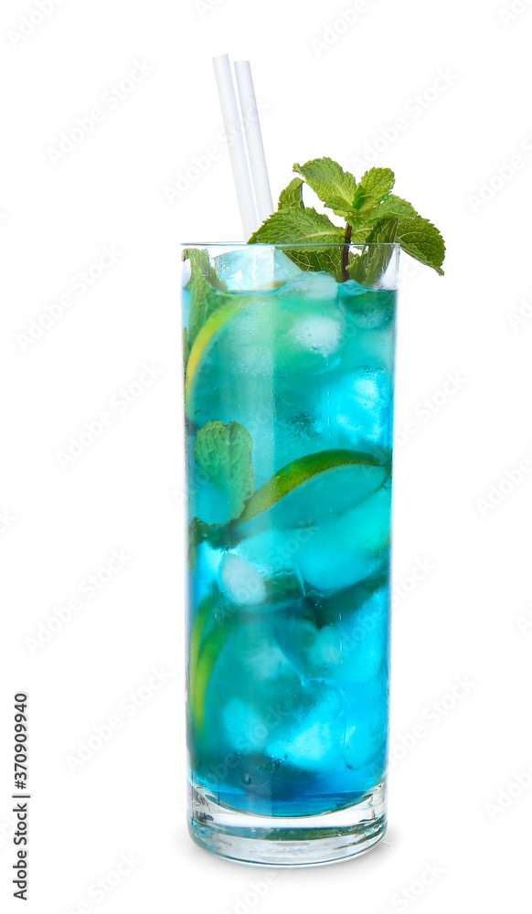 Glass of tasty blue mojito cocktail on white background Glass of tasty blue mojito cocktail on white background