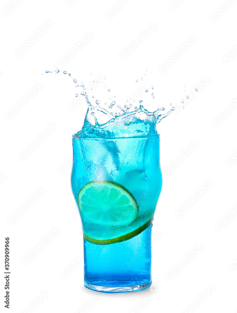 Glass of tasty blue mojito cocktail with splashes on white background Glass of tasty blue mojito cocktail with splashes on white background