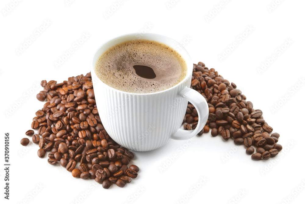 Cup of hot coffee and beans on white background Cup of hot coffee and beans on white background