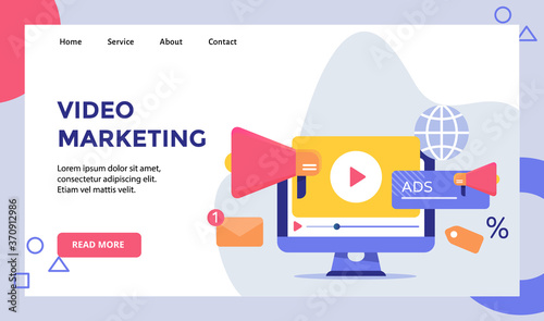 Video marketing playing on display monitor computer for web website home homepage landing page template banner with modern flat style