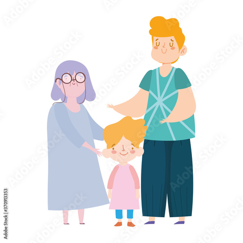 family grandma with teen and little grandson together cartoon character