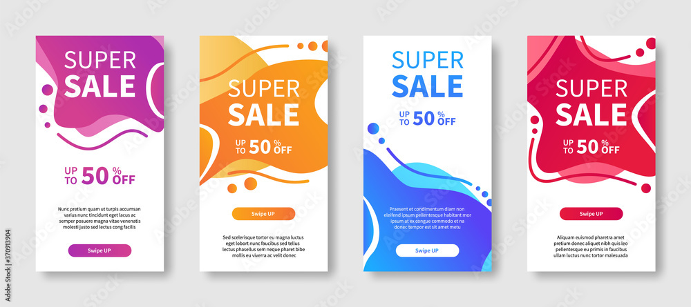 Modern abstract dynamic liquid mobile background for big sale banners. Special offer super sale and banner discount up to 50 on design template with editable text. Set of vector illustrations.