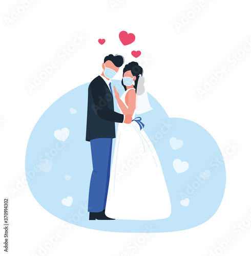 Wedding couple wearing face masks. Vector illustration