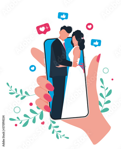 Online wedding ceremony with smartphone. Vector illustration
