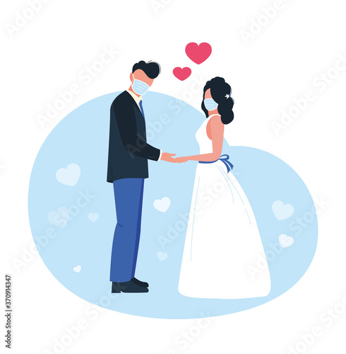 Wedding couple wearing face masks. Vector illustration