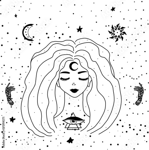Mystical drawing occultism-a beautiful girl with stars in her hair. Female portrait or night goddess. Fantasy, spirituality, occultism, tattoo and fashion print. Isolated vector illustrations. Alchemy