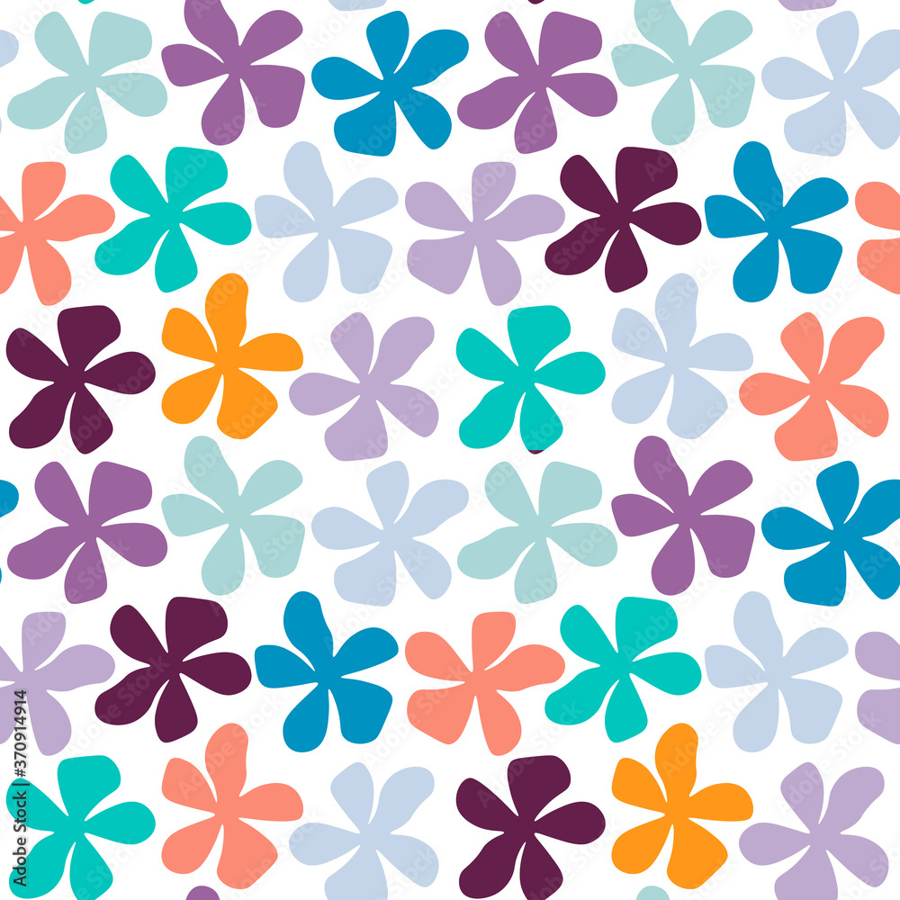 Abstract flowers seamless pattern. Repetitive vector colourful flower texture on transparent background. 