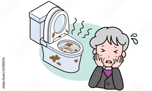 ひどく汚れたトイレに困るおばあさん