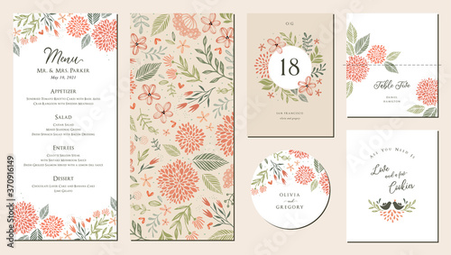 Universal hand drawn floral menu suite in warm colors perfect for an autumn or summer wedding and birthday invitations, and baby shower. 