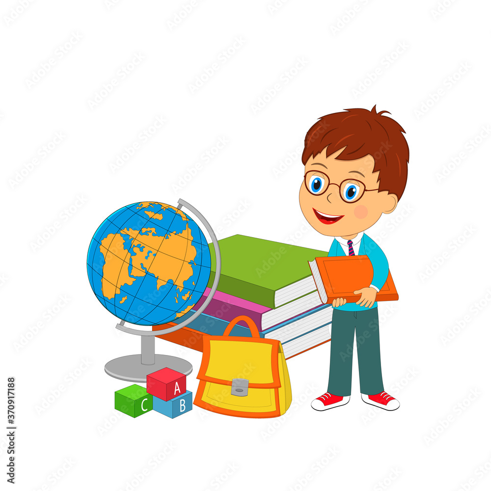 cartoon little boy with books, illustration,vector