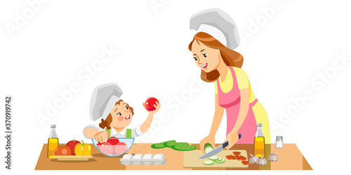 Mom and kid girl preparing healthy food at home. Concept motherhood child-rearing. Mother's day holiday concept. Isolated vector illustration in cartoon style.