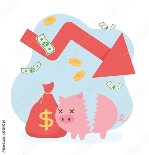 bankruptcy broken piggy bank money bag coins down arrow business financial crisis