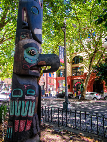 Native American totem pole in Pioneer Square Seattle.